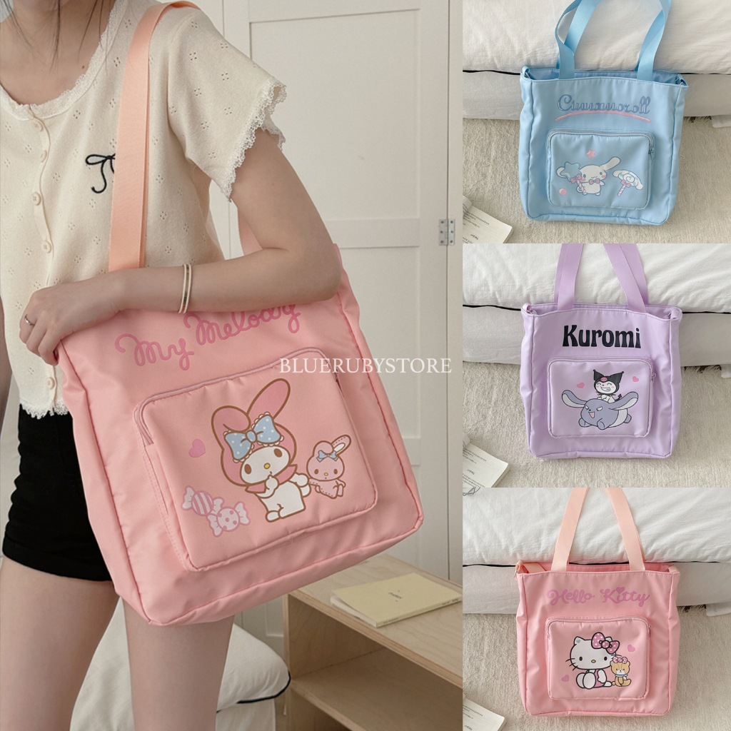 พร้อมส่ง Sanrio กระเป๋าสะพาย 2 สาย มีซิป ปรับความยาวได้ กระเป๋าผ้า ลิขสิทธิ์แท้ คิตตี้ คุโรมิ ชินนาม่อนโรล มายเมโลดี้