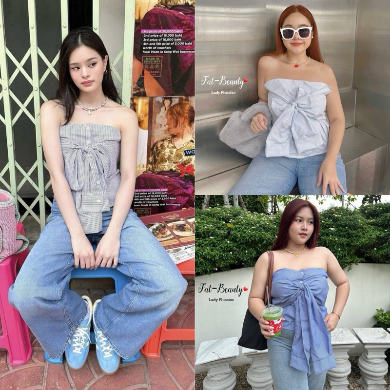 เติมสต็อคพร้อมส่งค่า/FB/ เสื้อเกาะอกสาวอวบ มีแขนผูกโบว์ เก๋ๆ เสื้อผ้าสาวอวบ เสื้อไซส์ใหญ่ สาว อ้วน พลัสไซส์