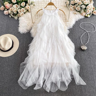 Dressgril.9 เดรสคอกลมแขนกุด ผ้าตาข่าย