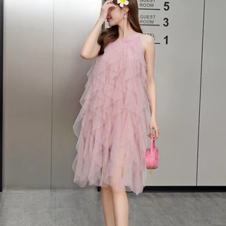 Dressgril.9 เดรสคอกลมแขนกุด ผ้าตาข่าย