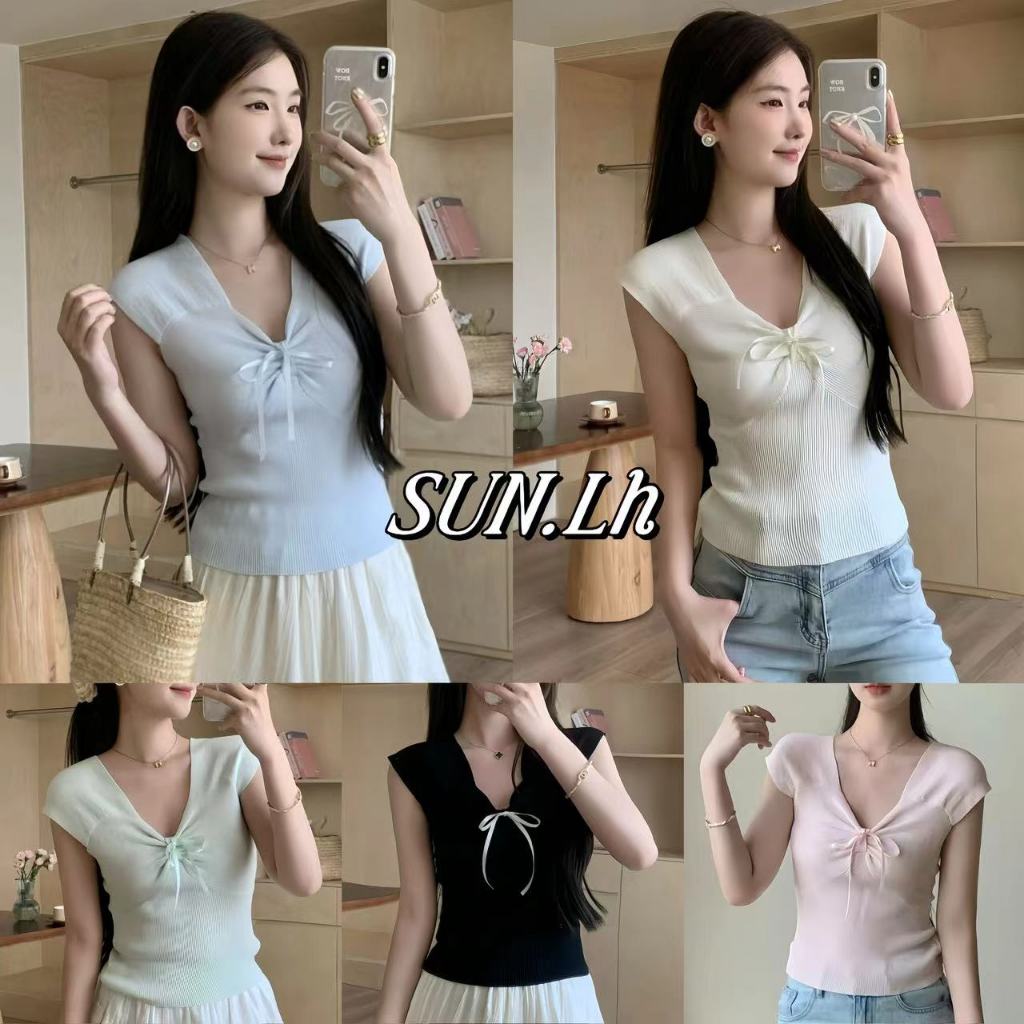 SUN คอวีถักเสื้อยืดหวานสลิมท็อปส์ซู, เสื้อกั๊กโบว์