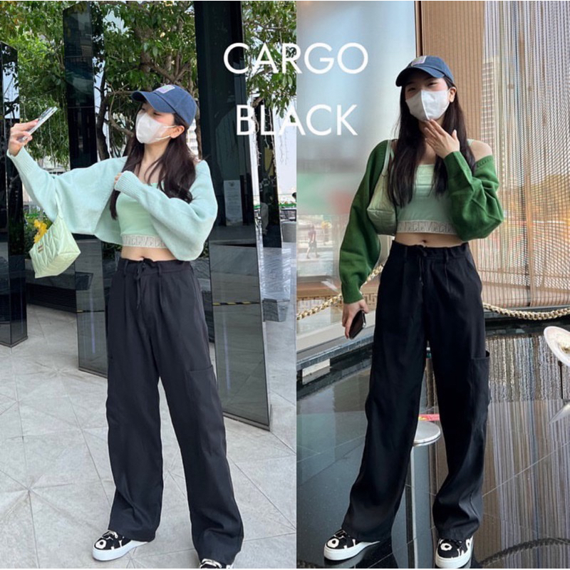 uiui.stuffs | cargo pant Y2K กางเกงเอวต่ำ ทรงคาร์โก้ เอวสม็อคมีเชือกรูดได้ ผูกเข้าได้ **สีดำ size เอ