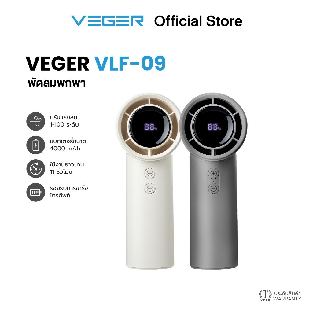 VEGER VLF-09 พัดลมพกพา แบตเตอรี่ 4000mAh RPM 13500 พัดลมมือถือ ปรับได้ 100 ระดับ พัดลม รับประกัน 1ปี