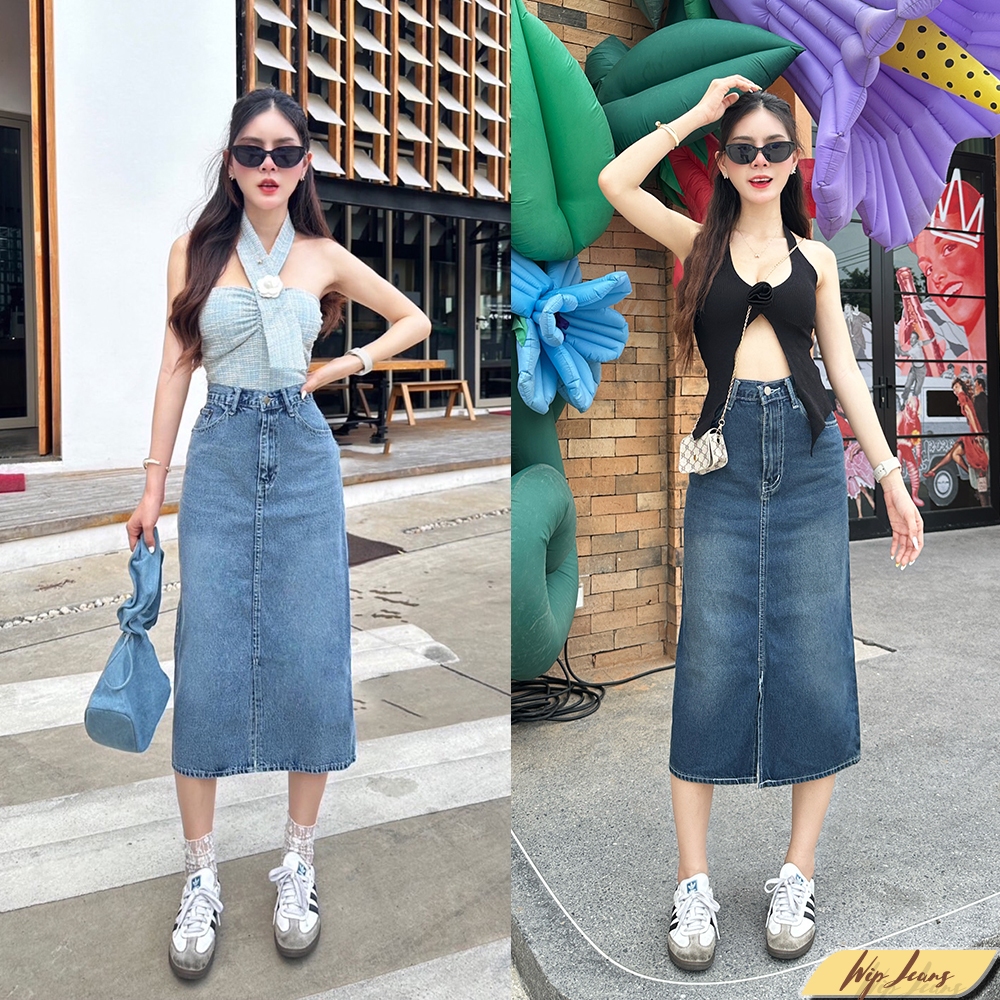 กระโปรงยีนส์ยาวผู้หญิงคลุมเข่ามีไซส์ใหญ่3สีให้เลือก กระโปรงยาวคลุมเข่า