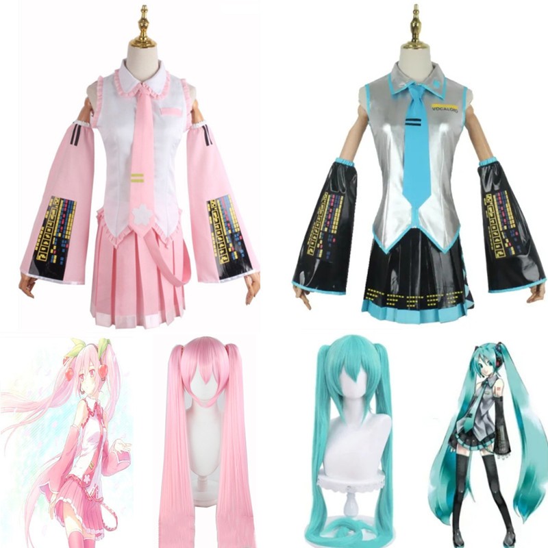 อะนิเมะ Vocal Miki คอสเพลย์เครื่องแต่งกายวิกผมเริ่มต้นในอนาคต Kawaii คอสเพลย์เครื่องแต่งกายฮาโลวีน