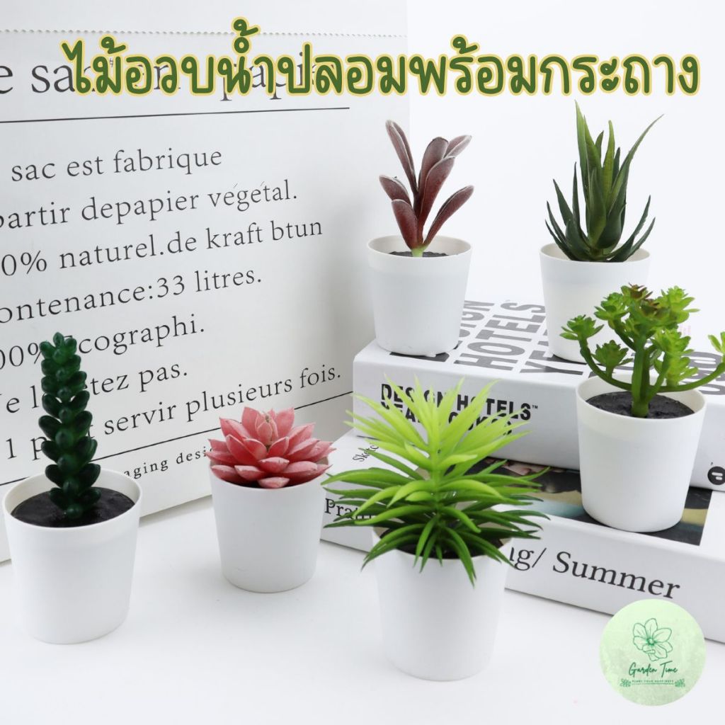 ไม้อวบน้ำปลอมในกระถางพลาสติกสีขาวกลม ขนาดประมาณ 6.5cm กุหลายหินปลอม Fake Cactus