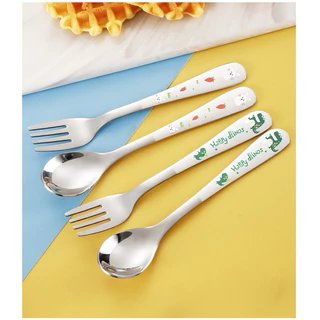 ชุดช้อนส้อมเด็ก สแตนเลส304 แบบยาว พร้อมกล่อง ช้อนส้อมฝึกกินข้าว Kid Spoon Fork Set
