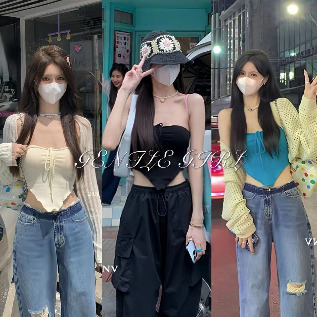 #GG จัดส่งที่รวดเร็ว ใส่แล้วดูสวย เสื้อกล้าม เสื้อสายเดี่ยว ดีเทลโบว์ผูกรอบคอได้