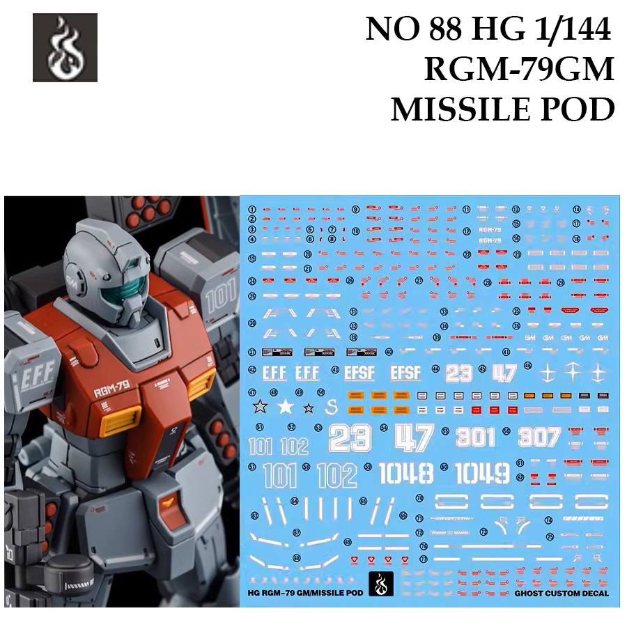 ดีคอลน้ำ [GHOST] HG 88 s RGM-79GM MISSILE POD GUNDAM HG 1/144 WATER SLIDE DECAL [White Fluorescent] 