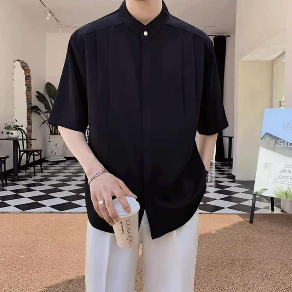 เสื้อเชิ้ตคอจีน แขนสั้นผู้ชาย สีพื้น ขาว/ดำ/เทา WMA34 เรียบง่ายทรงเกาหลียอดฮิต พร้อมส่ง M-2XL ใส่เที