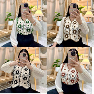 028 เสื้อไหมพรมถักปักลายดอกแขนชีฟอง : อก32-40