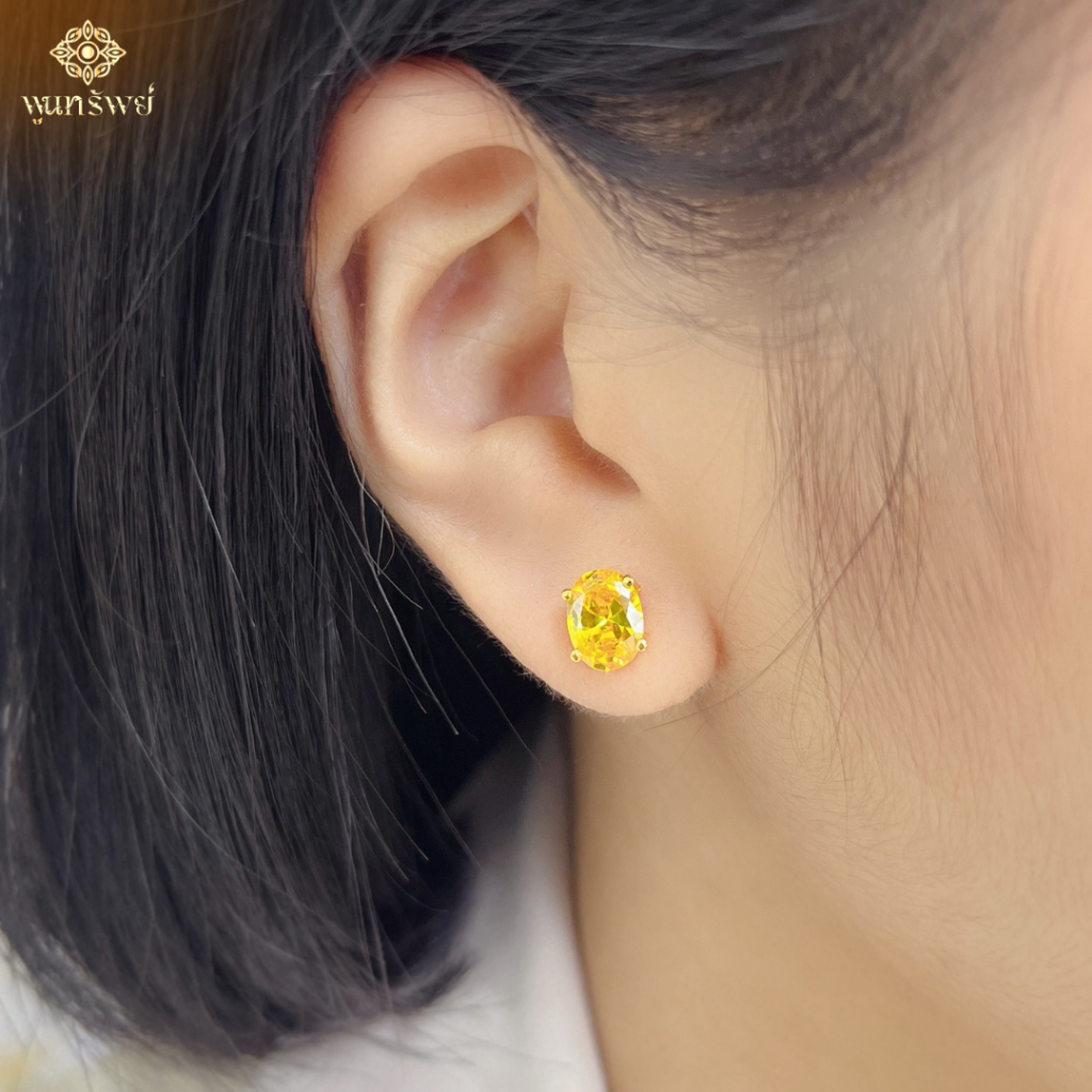 ส่งฟรี ต่างหูพลอยบุษราคัม พลอยนิล ทรงรี เครื่องประดับไทย พูนทรัพย์ มีใบรับประกัน ED270E300 ED271E300