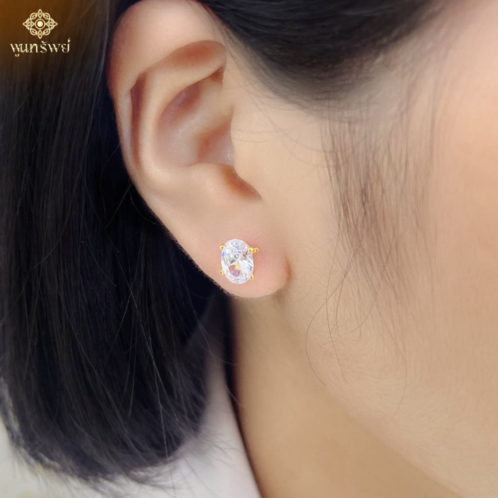 ส่งฟรี ต่างหูพลอยขาว พลอยชมพู ทรงรี เครื่องประดับไทย พูนทรัพย์ มีใบรับประกัน ED275E300 ED277E300