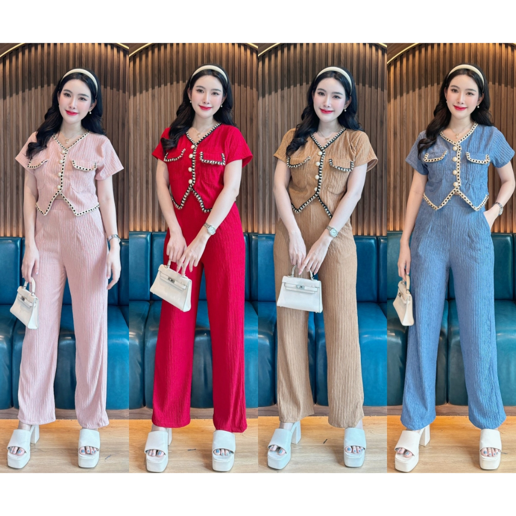 ชุดเซตผ้าเปลือกไม้ เสื้อทรงสูทกระเป๋าหน้ากระดุมมุกหน้าแต่งกุ้นถัก+กางเกง A4153