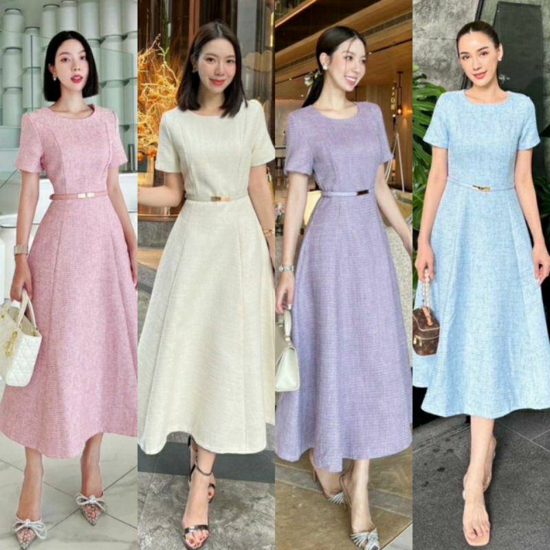 (S-XL) Shimmer พร้อมส่ง เดรสคอกลมแขนสั้น+เข็มขัด เนื้อผ้าทวิตทอลายสวยแบบลัคชัวรี่ทรงสวยเข้ารูปใส่ได้หลายโอกาส