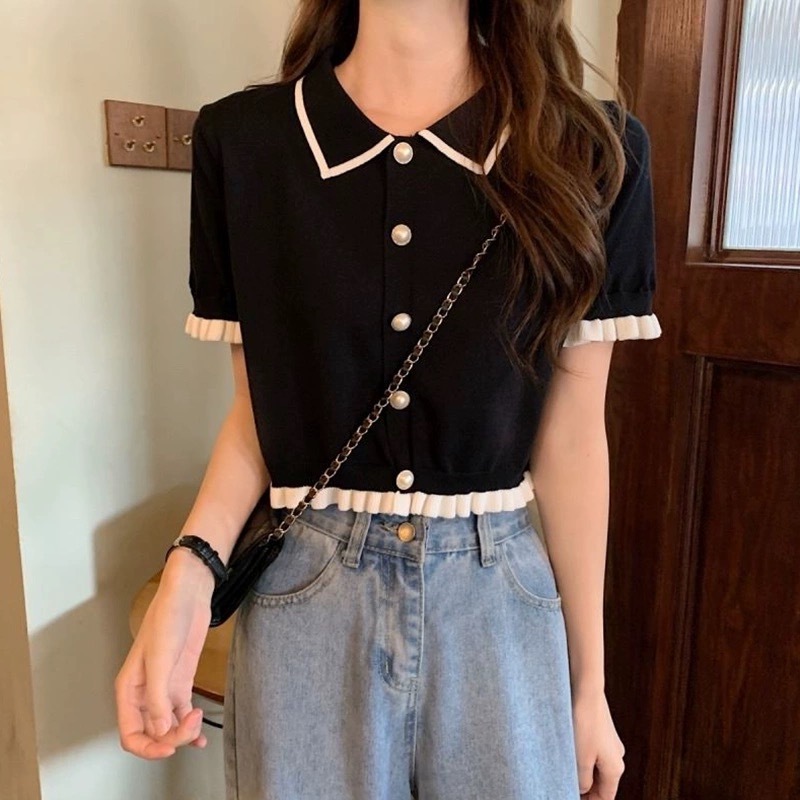 shop_sc [พร้อมส่ง] เสื้อไหมพรมแฟชั่นแขนสั้นผู้หญิง สไตล์เกาหลี คอปก เอวจั๊ม แต่งกระดุมมุข มี3สี - รูปที่ 3