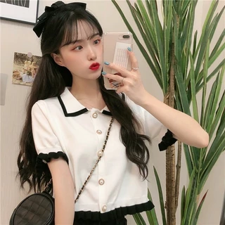shop_sc [พร้อมส่ง] เสื้อไหมพรมแฟชั่นแขนสั้นผู้หญิง สไตล์เกาหลี คอปก เอวจั๊ม แต่งกระดุมมุข มี3สี
