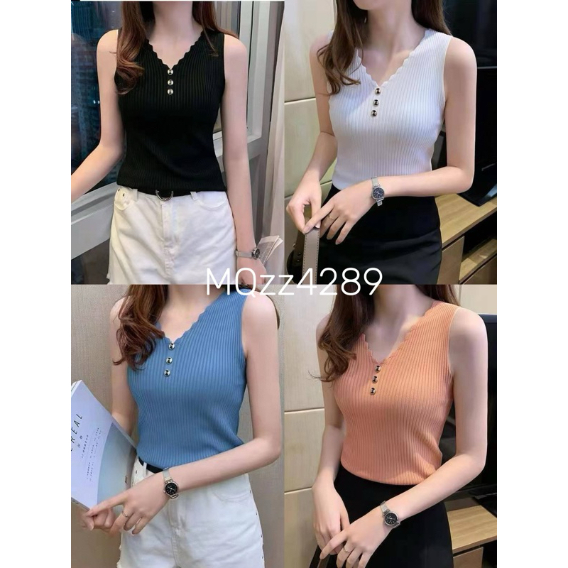 MQzz4289 *พร้อมส่ง*  เสื้อกล้ามไหมพรม คอวีร่องเล็ก ตกแต่งกระดุม สีเยอะมากกก Freesize