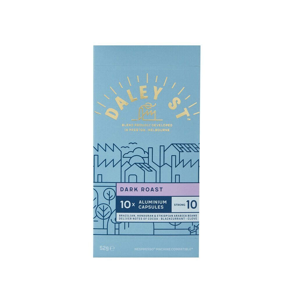 กาแฟแคปซูล เดลีย์สตรีท คั่วเข้ม 10 แคปซูล ความเข้มระดับ 9/13 Daley Street Dark Coffee Capsules 10 Pack