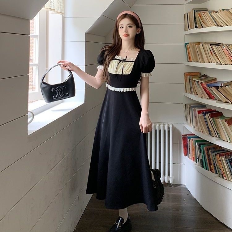 【Karlyn】เดรสยาวคลุมเข่า เเขนพัฟ สไตล์ฝรั่งเศส เเต่งระบายหน้าอกเเละต้นเเขน ผ้าใส่สบาย #FZ-CC-G75