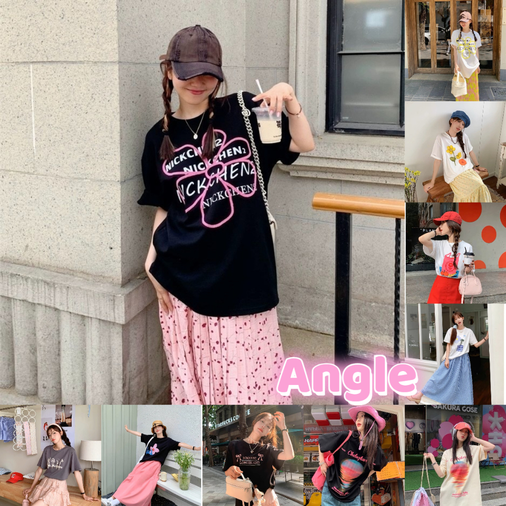 （จัดส่งตลอด 24 ชั่วโมง）Angel 100% Cotton T-shirt พิมพ์การ์ตูนแขนสั้นผ้าฝ้ายสีขาวเสื้อยืดผู้หญิงฤดูร้อนหลวมครึ่งแขน