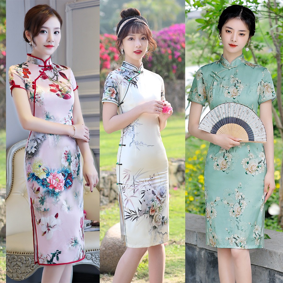 ชุดเดรสกี่เพ้า แต่งกระดุม สีแดง สไตล์จีน เรโทร สําหรับผู้หญิง