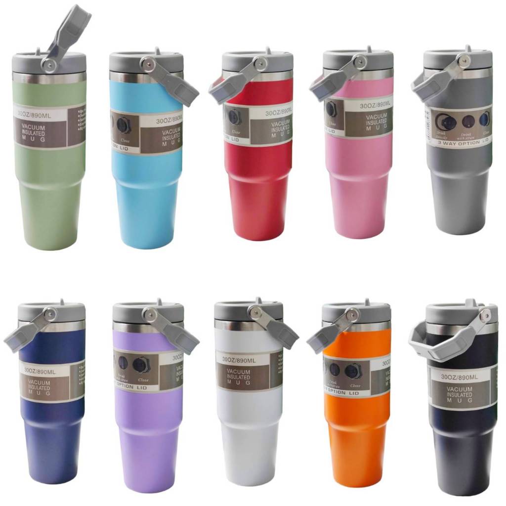 [พร้อมส่ง] แก้วเก็บความเย็น *แถมแปรง1ชิ้น* สเตนเลสแท้ ฝาเกลียว หลอดพับ มีหูหิ้ว 890ml.