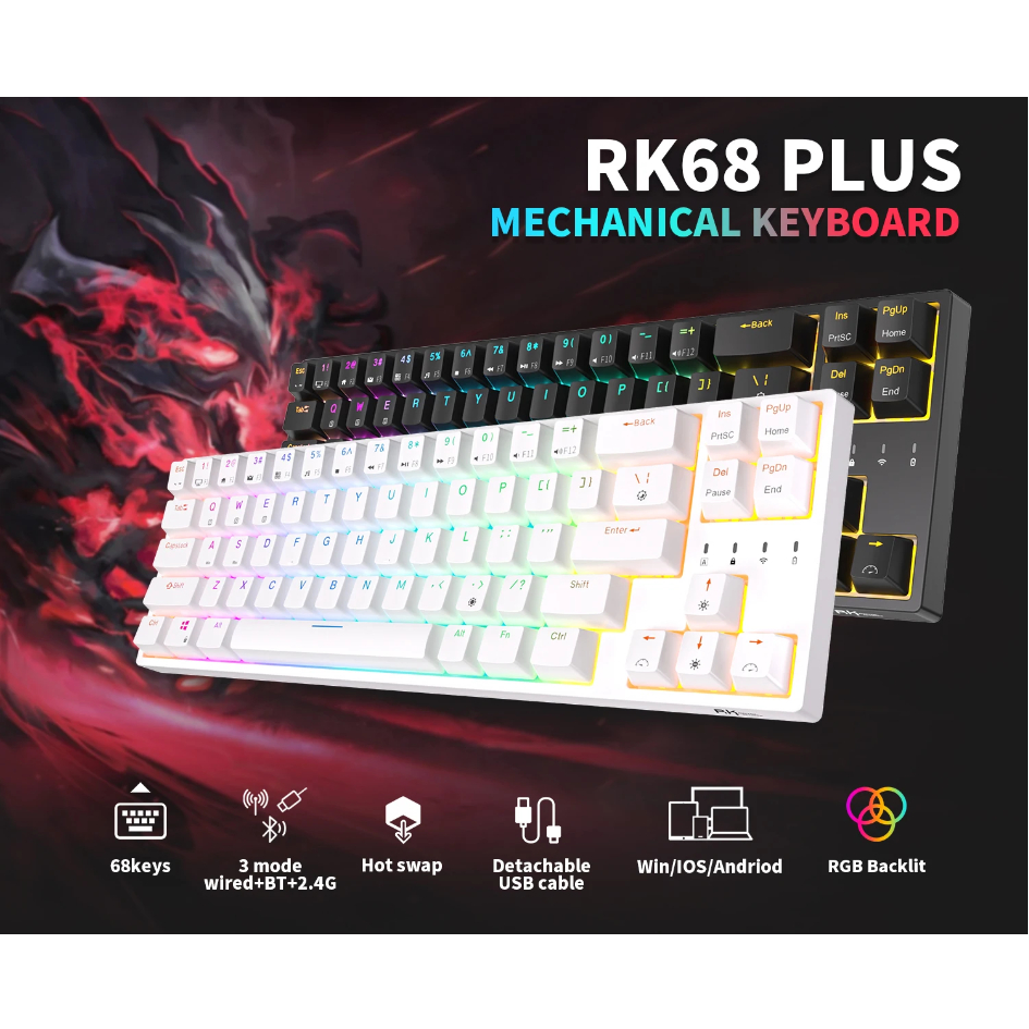 Royal Kludge คีย์บอร์ด RK68plus RGB Hotswap คีย์บอร์ดเกมมิ่งคีย์ไทย ไร้สายบลูทูธและมีสาย เปลี่ยนสวิต