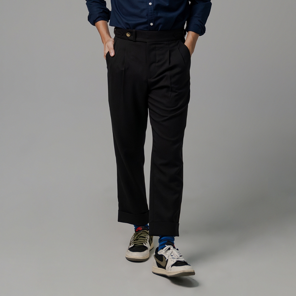 era-won DOUBLE BELTS TROUSERS V2 ทรง Skinny Crop เอวสูง สี Black (ดำสนิท)