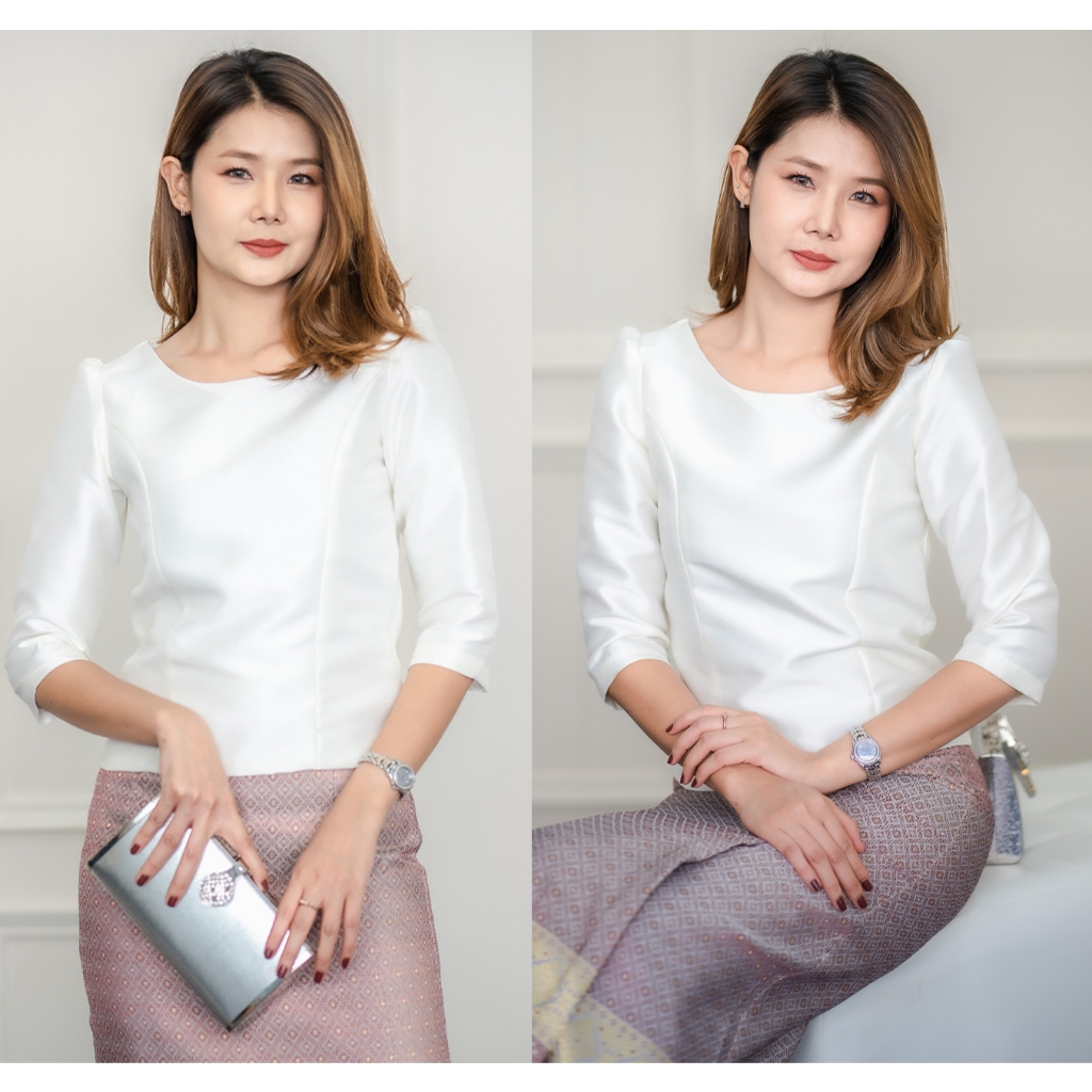 เสื้อไหมอิตาลีแขนสามส่วน คอกลม ไหมอิตาลี ใส่ทำบุญ งานบวช BR Voguish