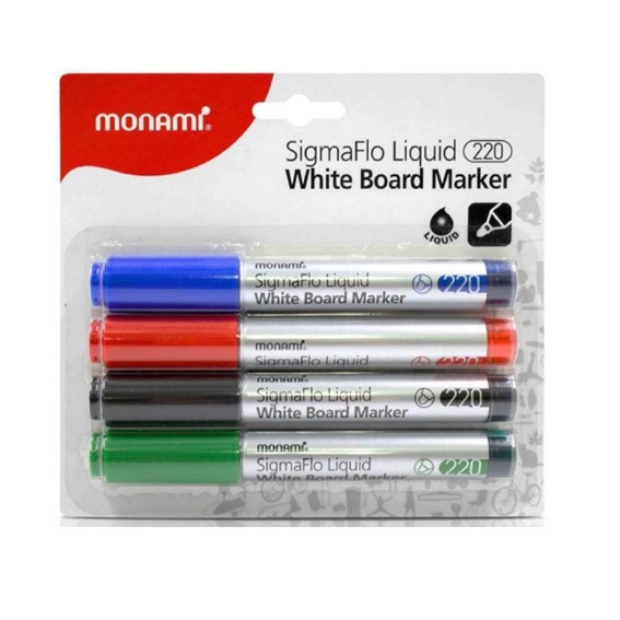 ปากกาไวท์บอร์ด โมนามิ #220B ชุด 4 สี Monami Sigmaflo White Board Marker (ราคาต่อ1 แพ็ค)