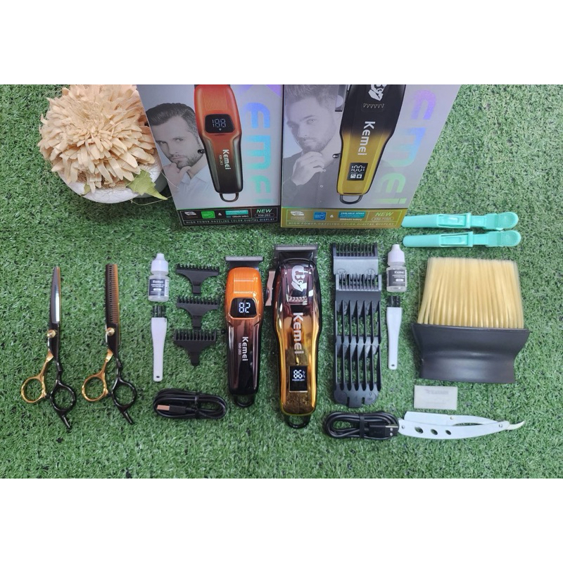 ชุดครบเซ็ตพร้อมอุปกรณ์ KM709A+KM263 ชุดครบเซ็ตตัดผม+กันขอบ+แกะลาย มีหน้าจอ แสดงแบต