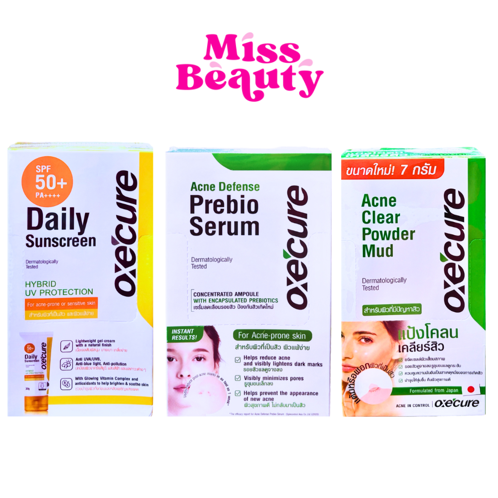 (กล่องx6) OXE'CURE อ๊อกซีเคียว แอคเน่ ดีเฟนส์ พรีไบโอ เซรั่ม / เดย์ลี่ ซันสกรีน ครีมกันแดด สินค้า