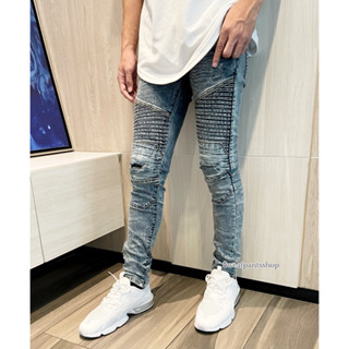 กางเกงยีนส์ขายาว ลายไบค์เกอร์ เนื้อผ้านุ่มยืด ใส่สบาย