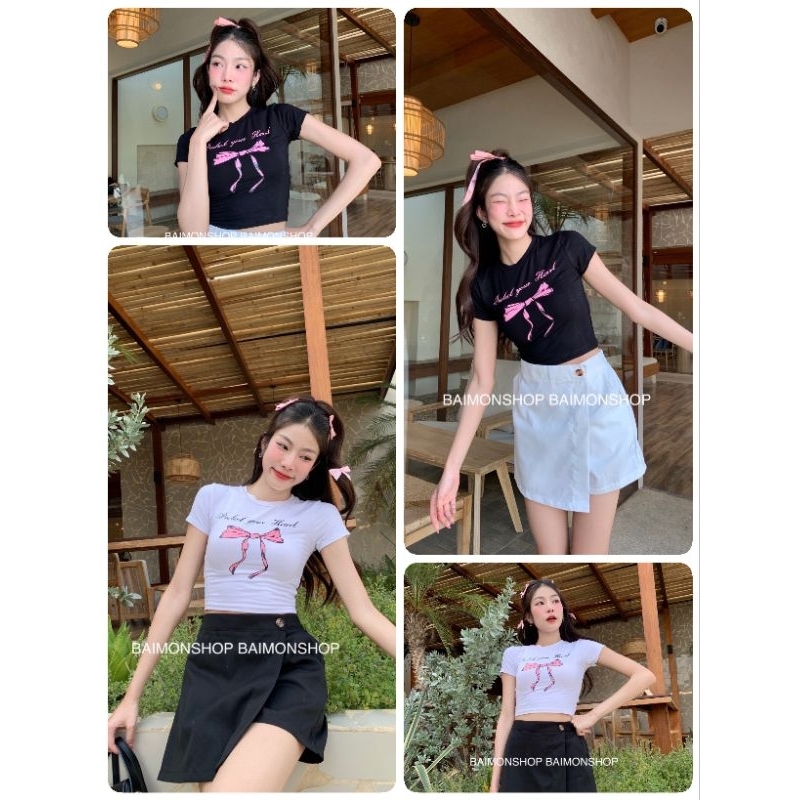 MahahengCloset เสื้อยืดครอป สกรีนโบว์ ผ้านิ่มใส่สบาย ยิ่งใส่ยิ่งน่ารักได้อีกๆ