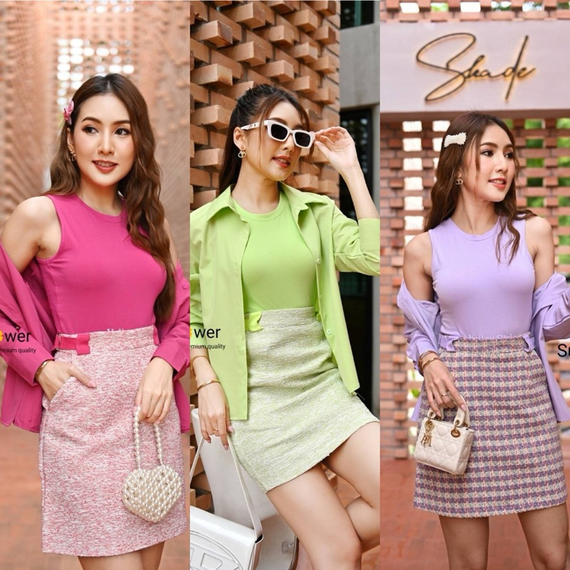 (s-3xl) ชุดเซต 3 ชิ้น เสื้อแขนกุด+เสื้อคลุม+กระโปรงผ้าทอทวิต สวยๆ งานป้าย lady sunshine