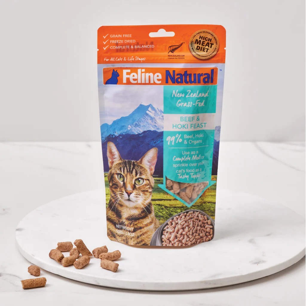 Feline Natural ฟรีซดราย Beef & Hoki สูตรเนื้อวัวและปลาโฮกิ อาหารสำหรับแมวทุกช่วงวัย (100g, 320g)