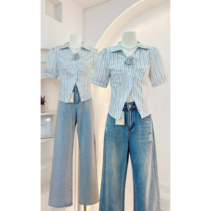 NN517 เสื้อเชิ้ตแขนตุ๊กตาคอปก เข็มกลัดดอกไม้