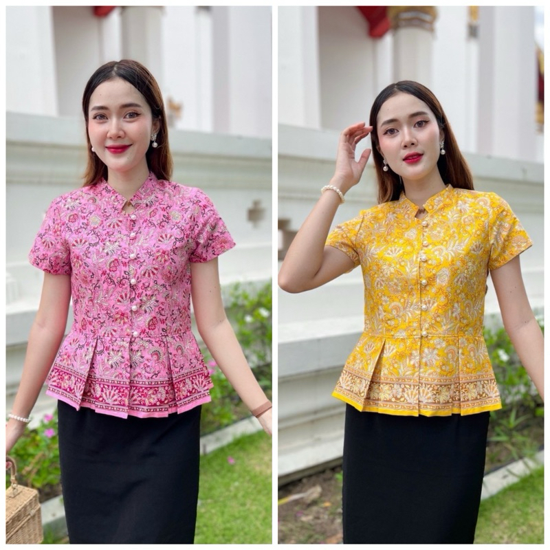 เสื้อใส่ทำงาน น่ารัก ลายช่อผกา ปาเต๊ะ คอจีน