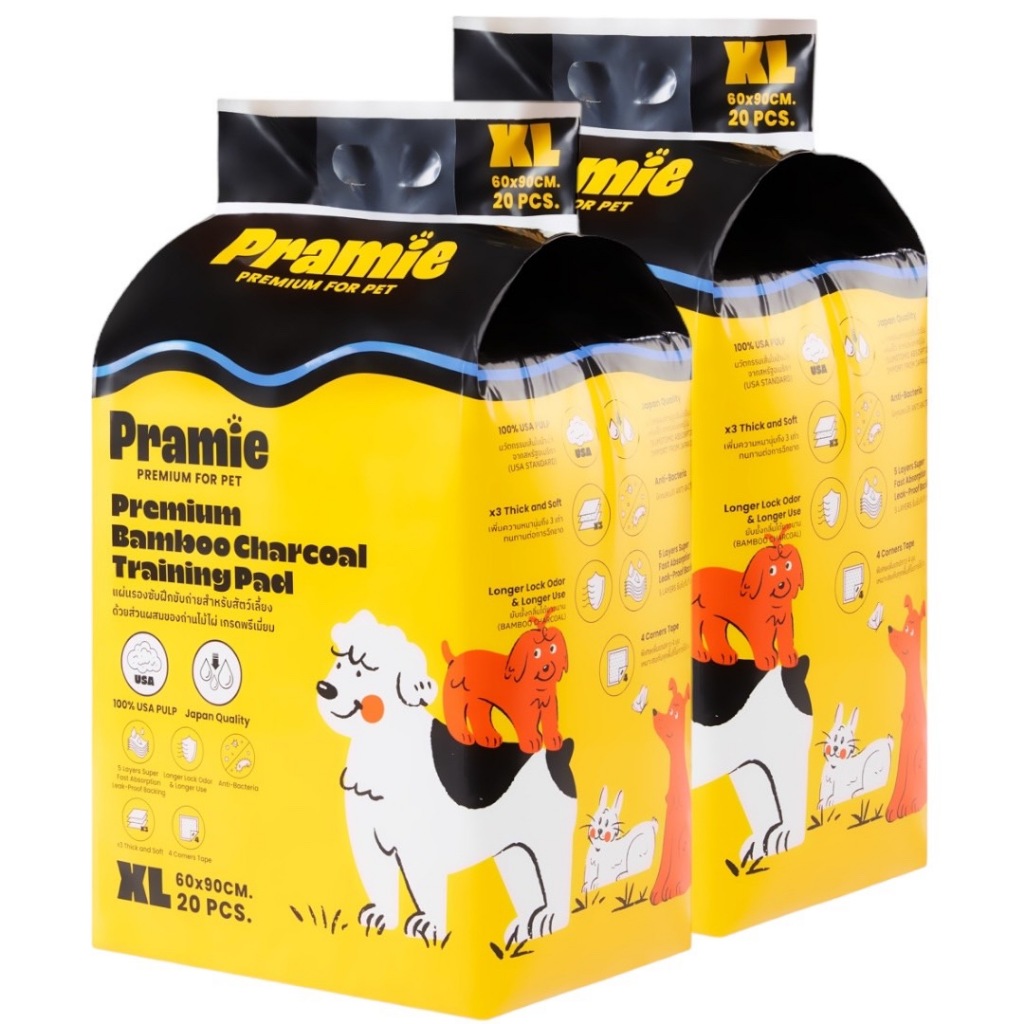Bundle X 2 Pramie Premium Charcoal Training Pad: Size XL 60x90 cm แผ่นรองซับฝึกขับถ่ายผสมชาโคล