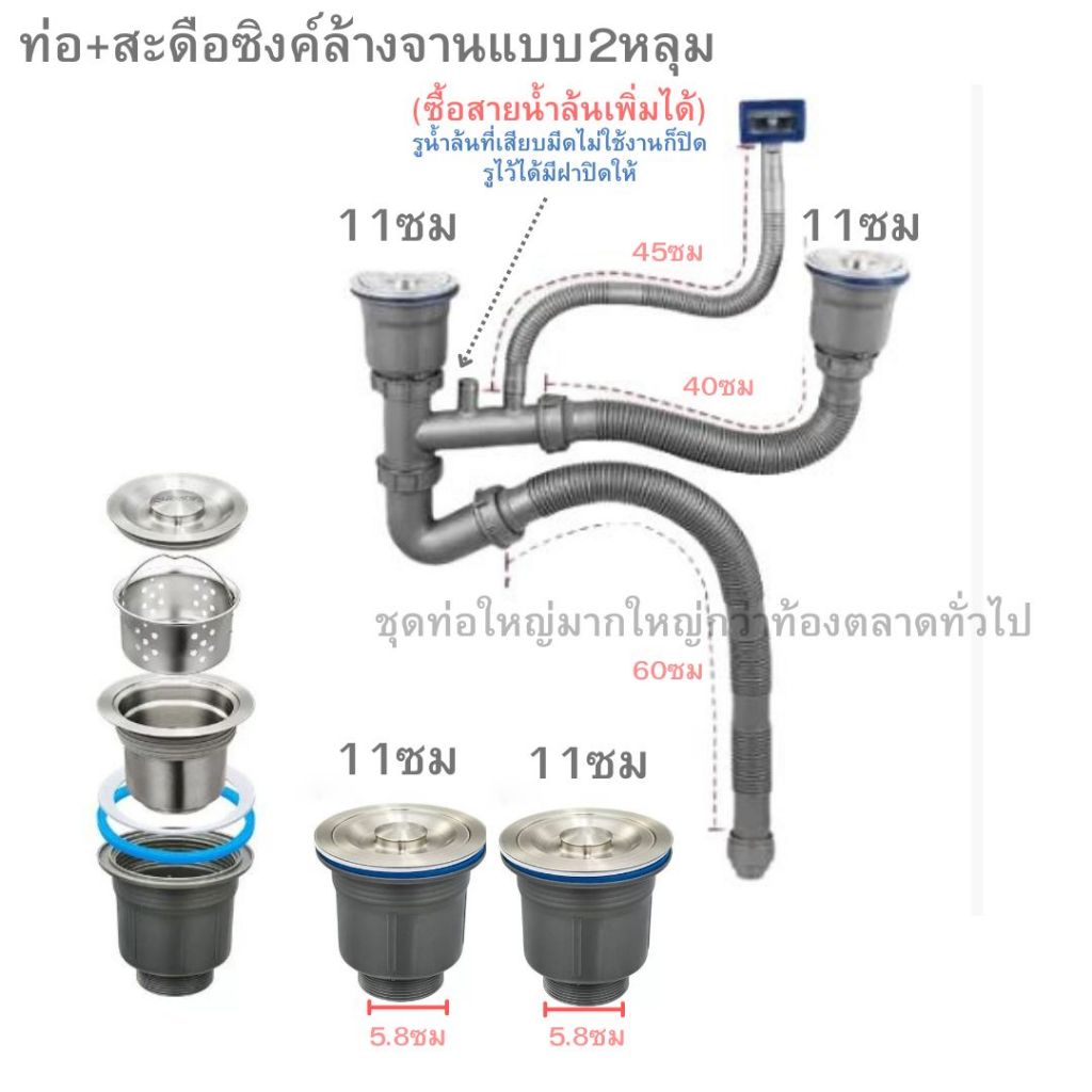 11ซม+11ซมเส้นผ่า56-58ซมท่อ+สะดือแบบท่อใหญ่มากซิงค์2หลุมใช้ได้กับหลายแบรนด์