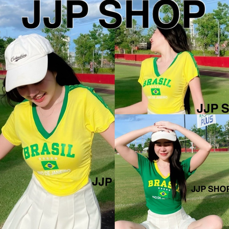 เสื้อบอลครอปบราซิล เขียวเหลือง ตัวดัง สีสวยสดใส  ใส่แล้วหุ่นปังสุดๆ งานจริงสวยมาก
