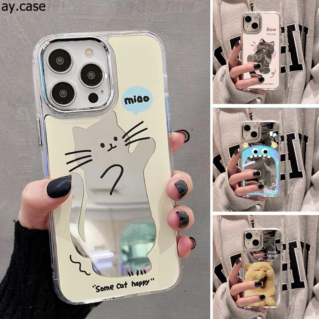 For Case เคส iPhone 11 13 15 16 14 12 17 Pro Max เคสไอโฟน11 15Promax ยืนกรณีโทรศัพท์ลูกแมว กรณีโทรศัพท์มือถือชุบกระจก