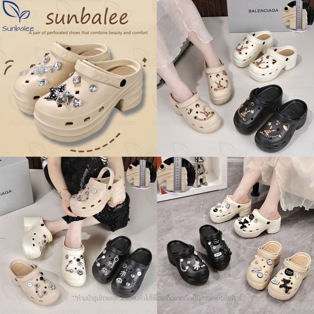 SUNBALEE ⭐ PIZ-11 รองเท้าหัวโต รองเท้าแบบสวม สีพื้น เสริมส้นสูง 8 ซม. แถมตัวติดน่ารัก พร้อมส่ง