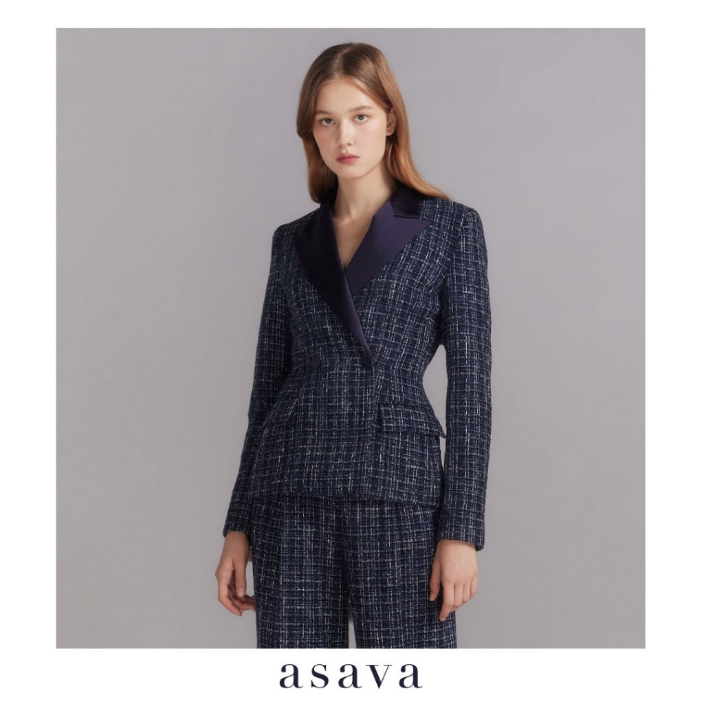 [asava aw23] Belenda Tweed Jacket แจ็กเกตผู้หญิง แขนยาว แต่งหนุนหัวไหล่ ดีเทลปกมันแบบทักซิโด้ แต่งกระดุมสองแถว