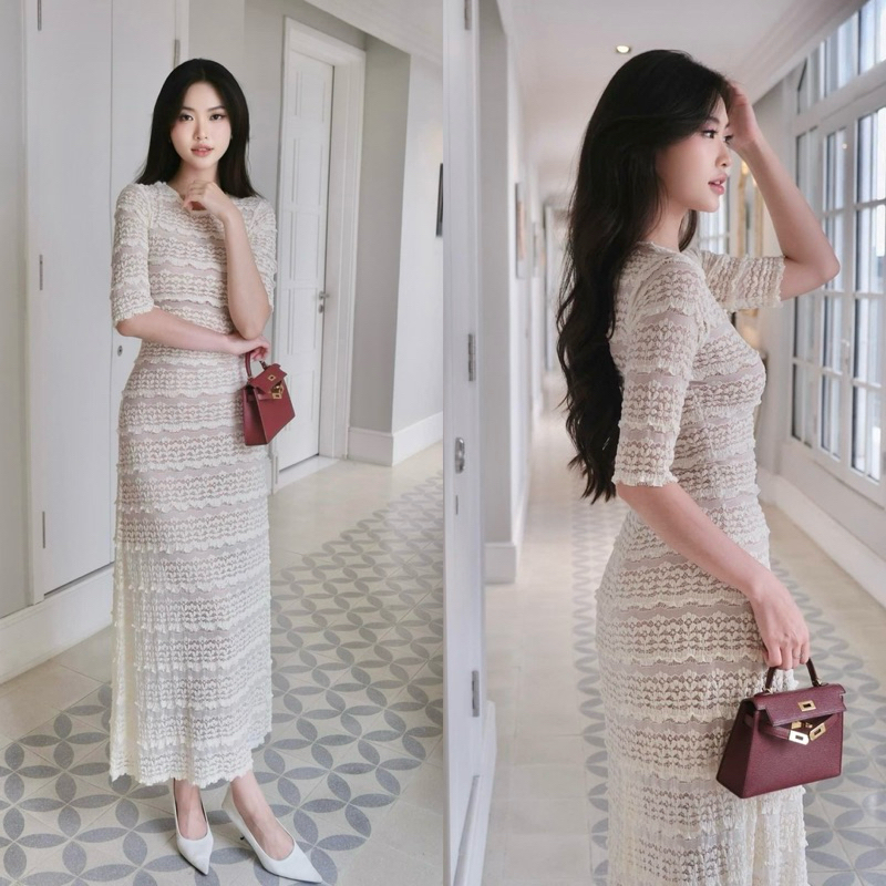 Teera พร้อมส่ง เดรสลูกไม้แขนสามส่วน เย็บติดซับในทั้งตัว งานสวย ดูหรู ดูแพง สไตล์เดรสคุณหนู goodluck