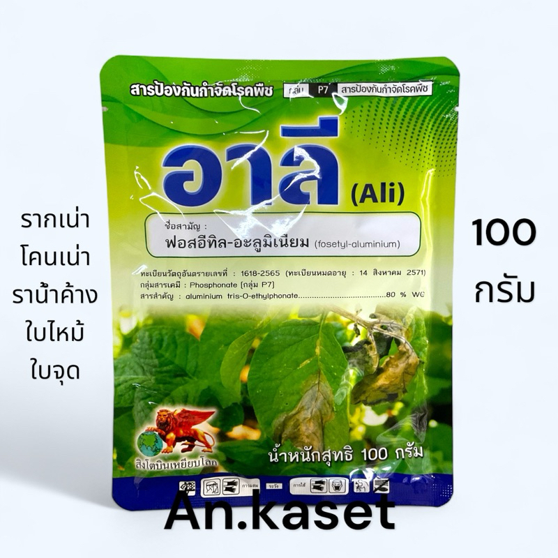 อาลี 100กรัม(ฟอสอีทิล-อะลูมิเนียม) สารป้องกันกำจัดโรคไฟทอปเทอร่า ใบไหม้ ในทุเรียน ใช้ราด ทา พ่น