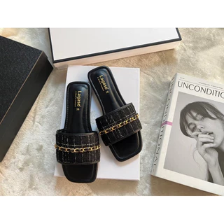 🎀RinyaShoes🎀รองเท้าแตะแบบสวมผ้าทวิตแต่งโซ่ทอง สวยหรูมากค่ะ(มีไซด์36-45)สินค้าพร้อมส่ง
