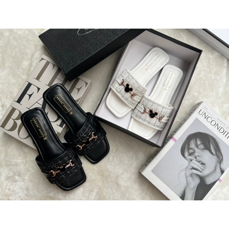 🧸Rinya Shoes🧸รองเท้าแตะแบบสวมผ้าทวิตแต่งอะไหล่มิกกี(มีไซด์36-45)ไม่มีกล่องนะคะสินค้าพร้อมส่งค่ะ