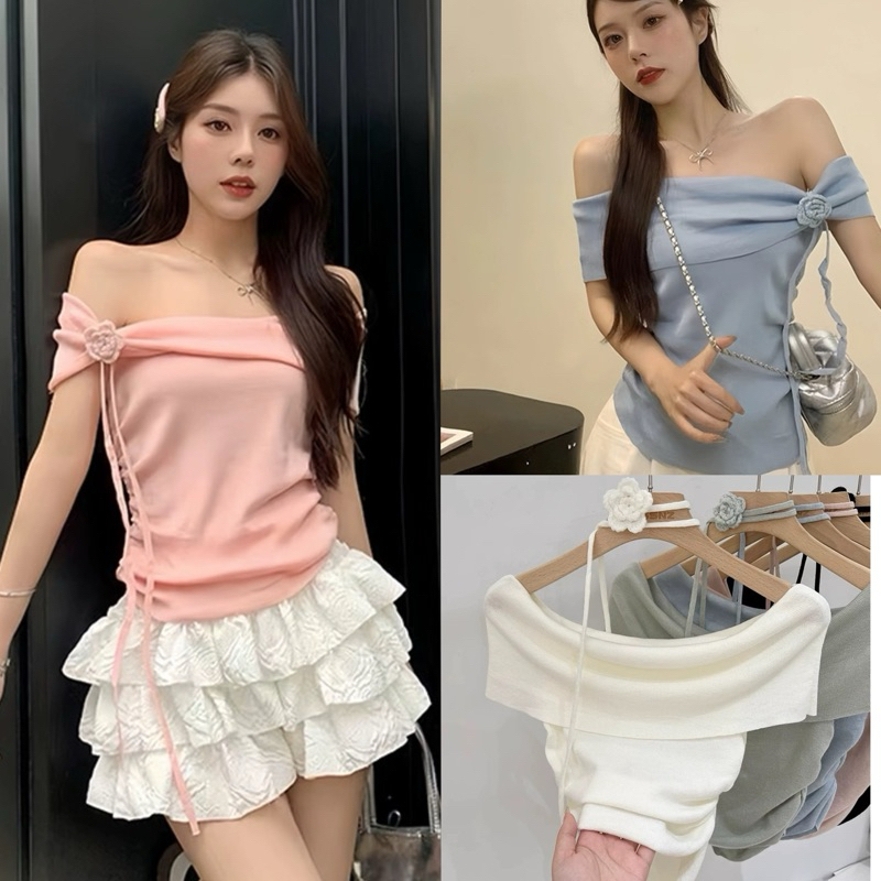 STR พร้อมส่ง🦋เสื้อปาดไหล่แฟชั่นผู้หญิง🦋เสื้อครอปแขนสั้น แต่งผีเสื้อ ทรงรัดรูป ใส่ได้หลายแบบ ผ้าไม้พรหม ชุดไปทะเล ไปคาเฟ่